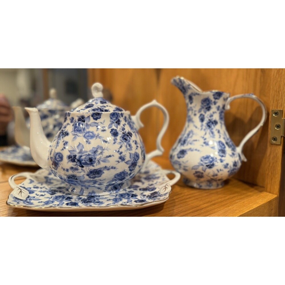 Vintage Blue Rose Pattern London Pottery China 3 Piece Teapot Set
